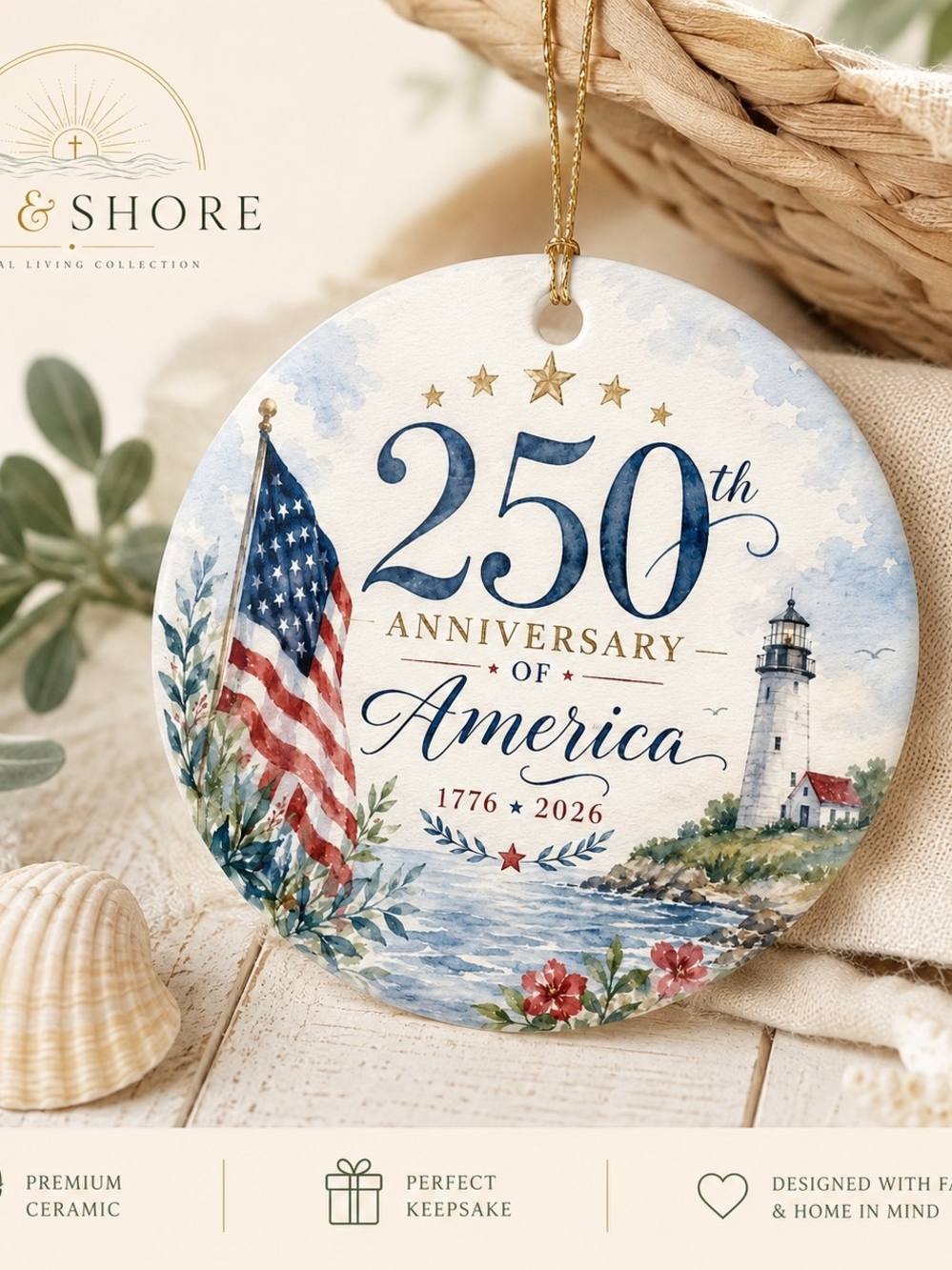 250th Anniversary of America Ceramic Ornament - Blue/Red